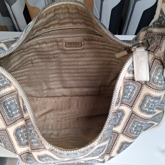 Vintage RARE Prada Hobo Handbag Blue Brown Paisley Nylon Leather Trim Medium - Picture 14 of 16